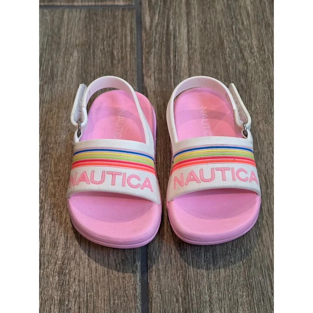 Nautica Tiny Gaff Toddler Girls Pink Rainbow Logo Slide Sandals Size 4 Backstrap